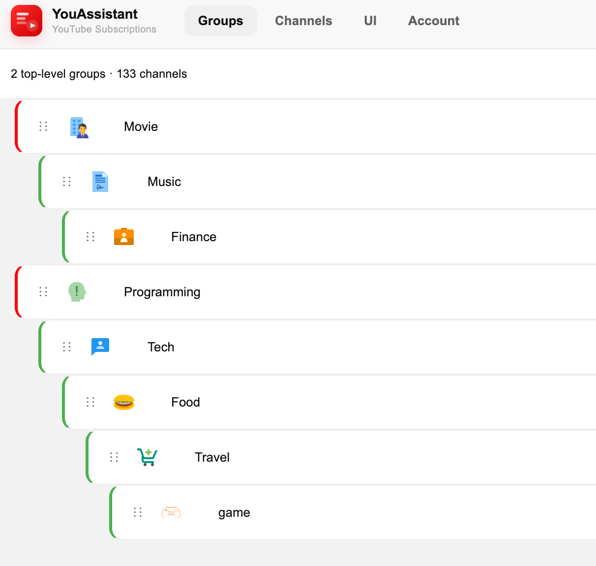 YouAssistant extension showing nested YouTube channel groups and 133 subscriptions
